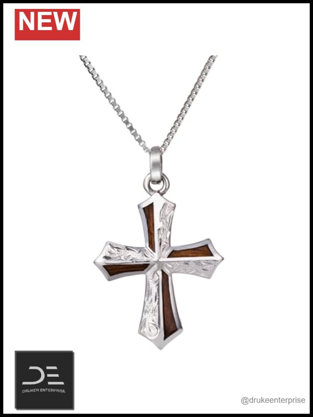 Sterling Silver Koa Wood Inlay Cross Pendant Necklace 18" Box Chain